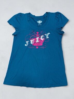 Juicy Couture (M) Vintage 2010 Turquoise V-Neck Baby Tee Pink Crown/Silver Logo
